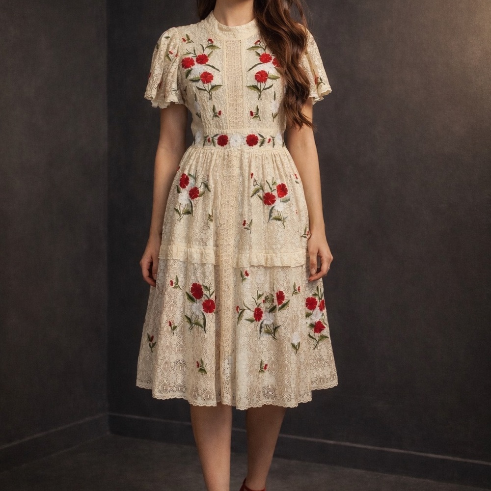 Cream Lace Midi Dress with Red Floral Embroidery